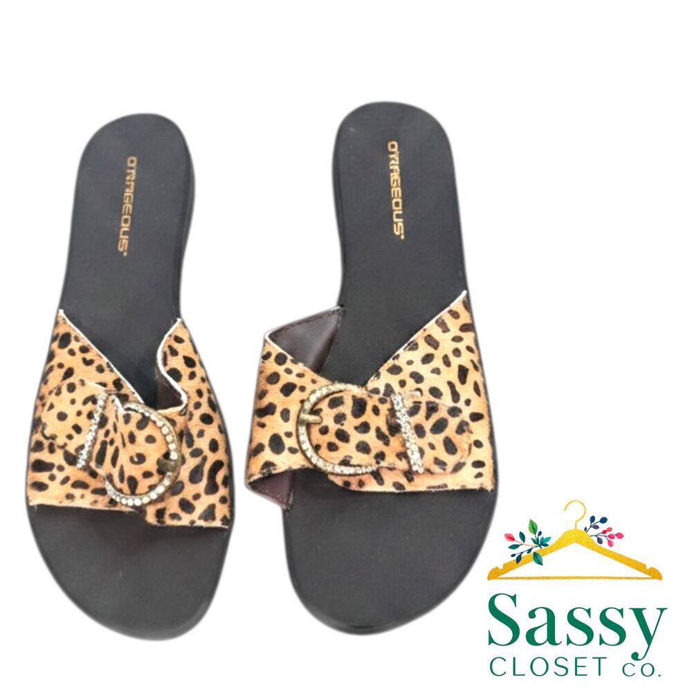 ORageous Cheetah Print Rhinestone Wedge Sandals 8 NWOT Genuine Leather Strap